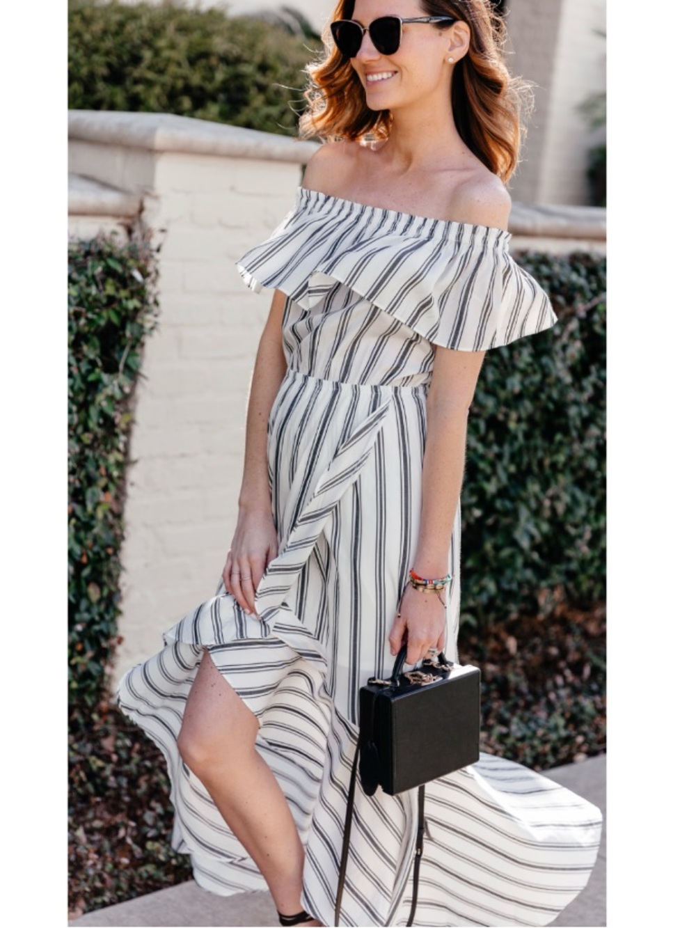 NWT Express Striped Off-the-Shoulder Ruffle Hi-Low Maxi Dress White Large